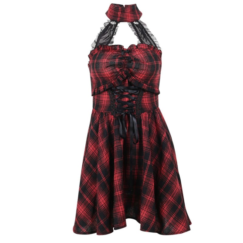 Kobine Women's Grunge Lace-up Halterneck Plaid Dress