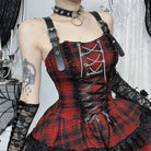 Kobine Women's Grunge Lace-up Lace Splice Plaid Party Slip Dress