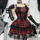 Kobine Women's Grunge Lace-up Lace Splice Plaid Party Slip Dress