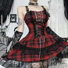 Kobine Women's Grunge Lace-up Lace Splice Plaid Party Slip Dress