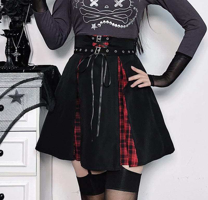 Kobine Women's Grunge Lacing-up Contrast Color High-waisted Short Skirt