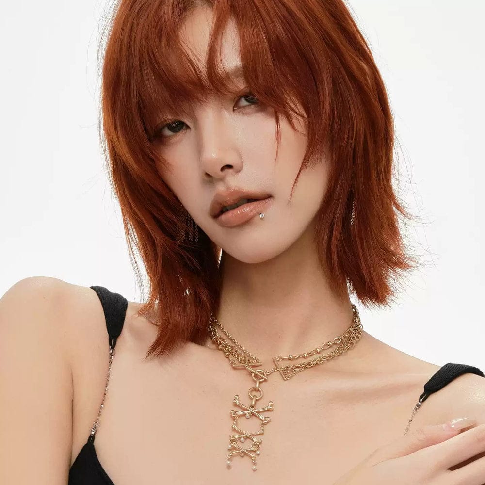 Kobine Women's Grunge Layered Cross Bone Necklace