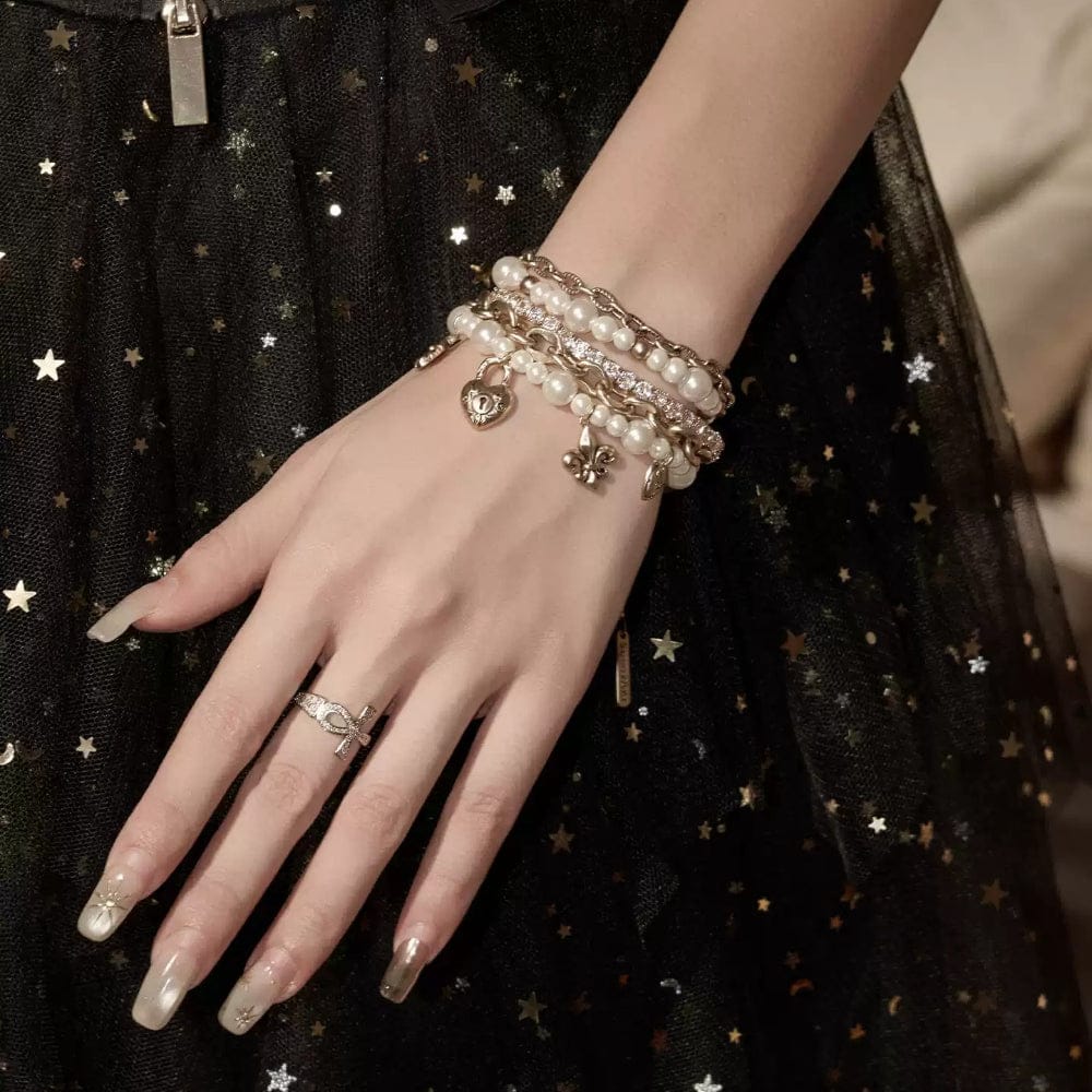 Kobine Women's Grunge Layered Diamante Pearl Bracelet