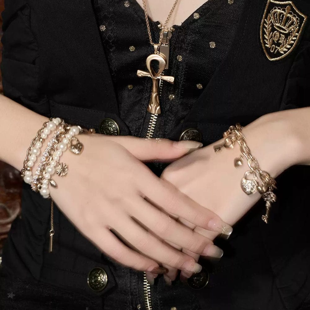 Kobine Women's Grunge Layered Diamante Pearl Bracelet