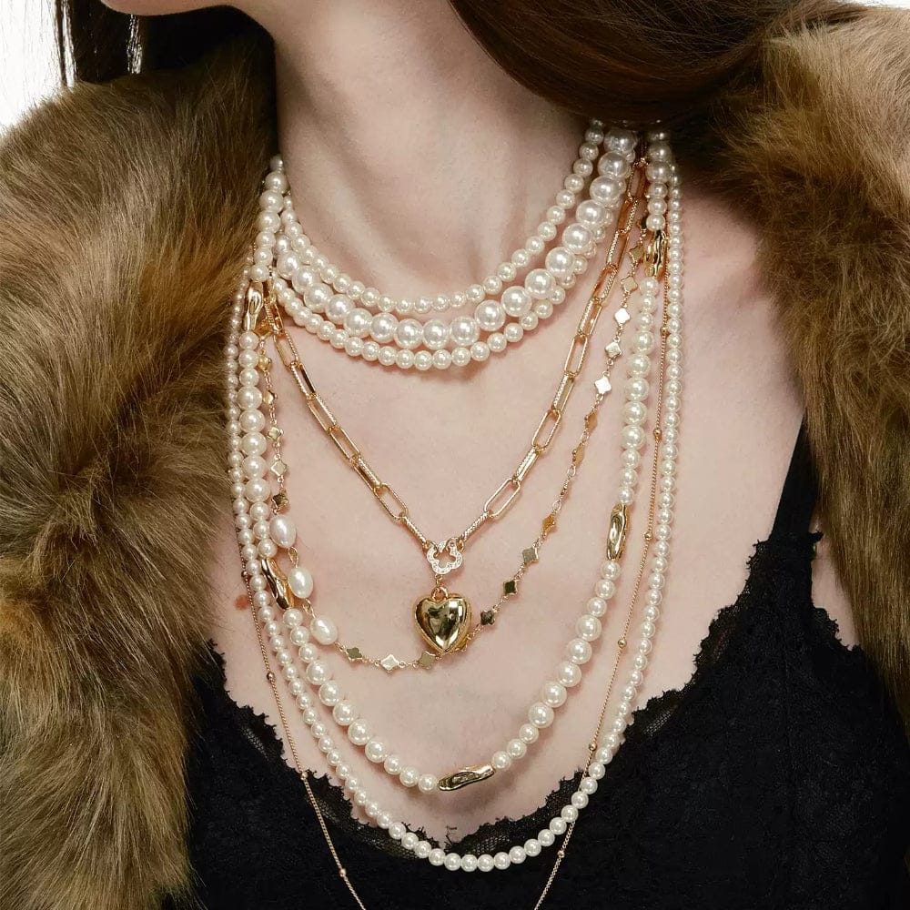 Kobine Women's Grunge Layered Pearl Heart Necklace