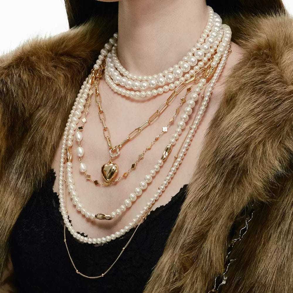 Kobine Women's Grunge Layered Pearl Heart Necklace