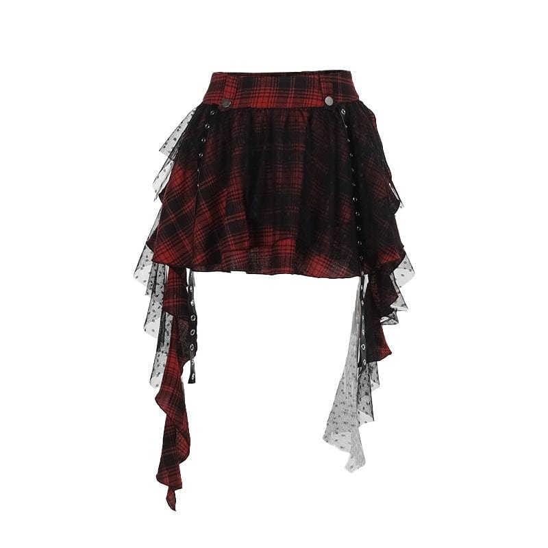 Kobine Women's Grunge Mesh Grid Bubble Short Skirt Red