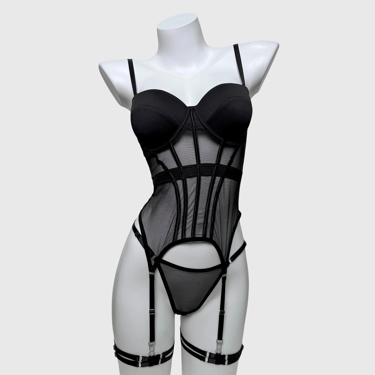 Kobine Women's Grunge Mesh Sheer Sexy Lingerie Set with Garter