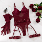 Kobine Women's Grunge Mesh Sheer Sexy One-piece Lingerie Set with Gloves