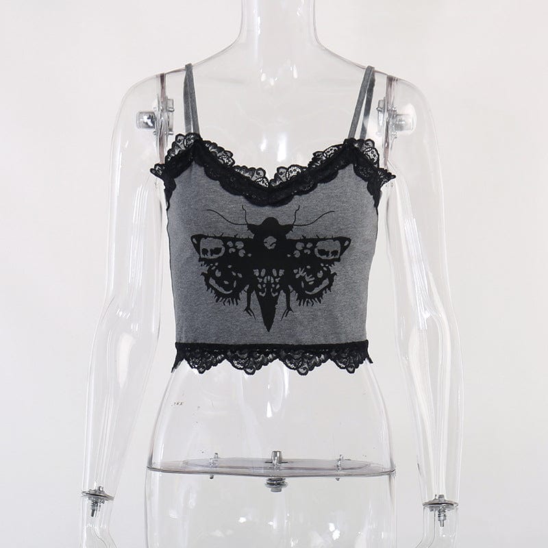 Kobine Women's Grunge Moth Printed Lace Splice Tank Top