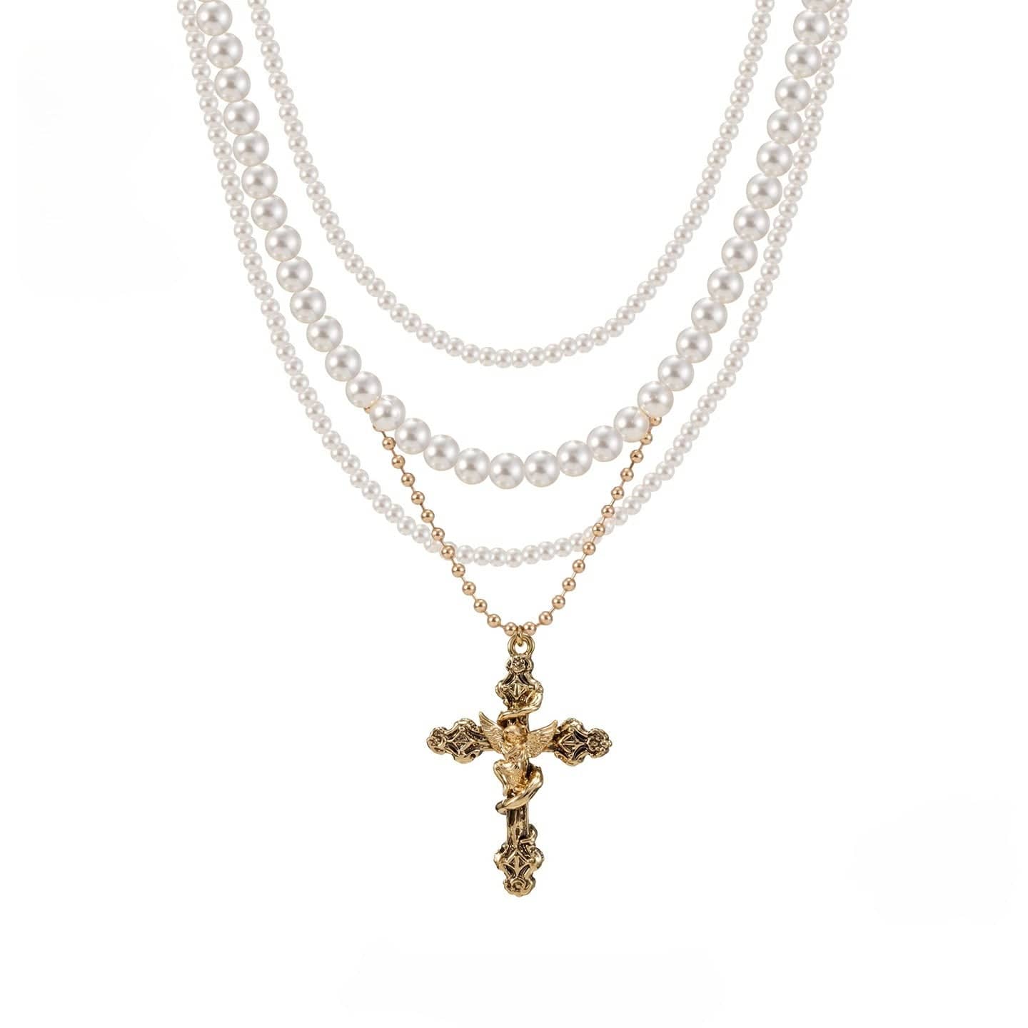 Kobine Women's Grunge Multi-layer Angel Cross Necklace