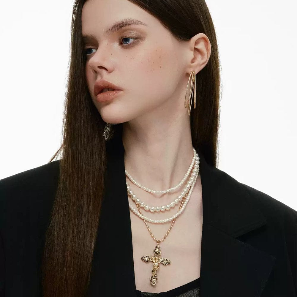 Kobine Women's Grunge Multi-layer Angel Cross Necklace