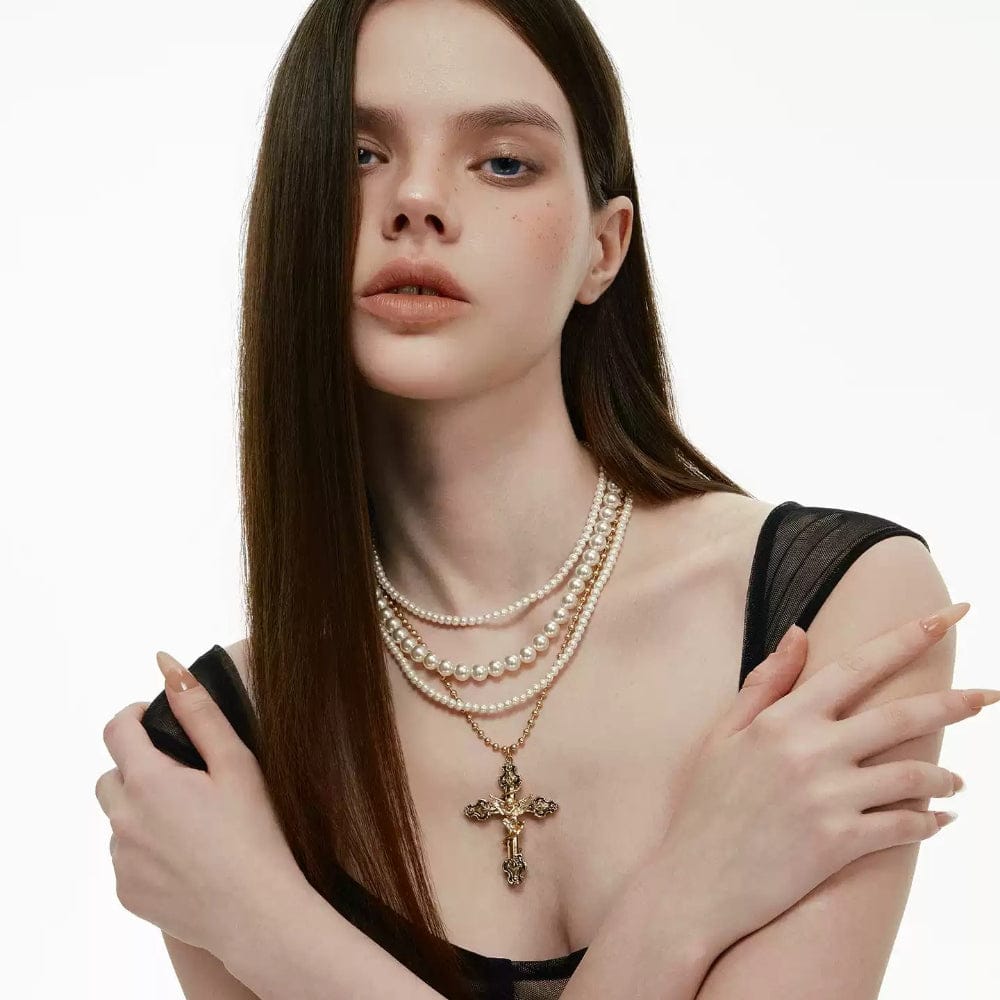 Kobine Women's Grunge Multi-layer Angel Cross Necklace