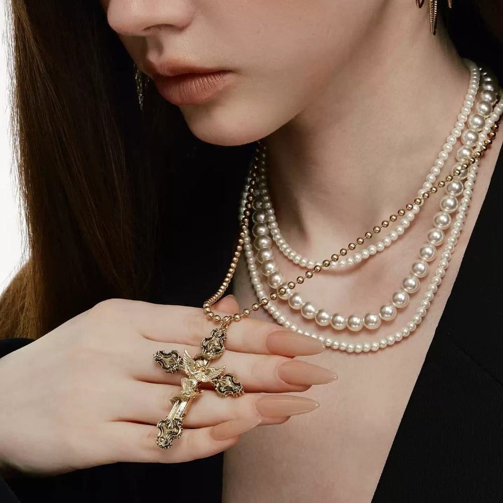 Kobine Women's Grunge Multi-layer Angel Cross Necklace