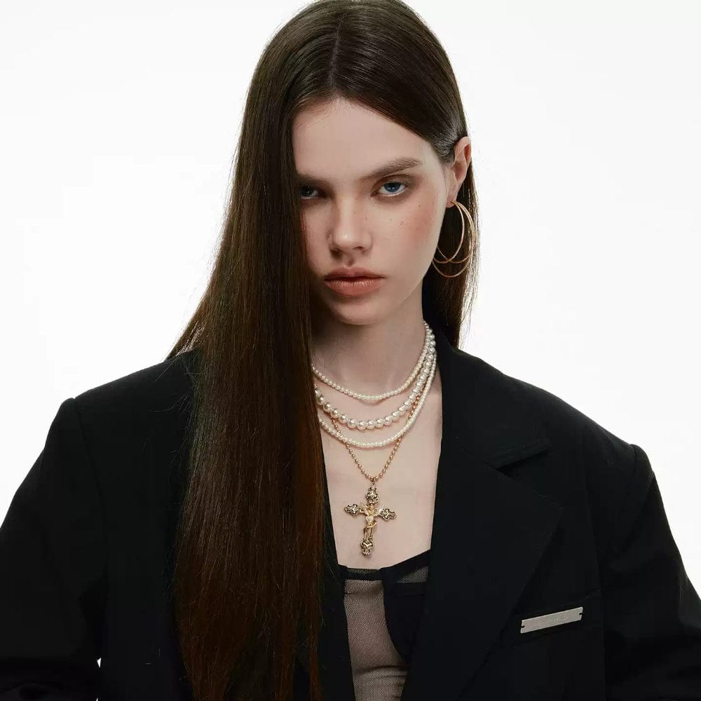 Kobine Women's Grunge Multi-layer Angel Cross Necklace