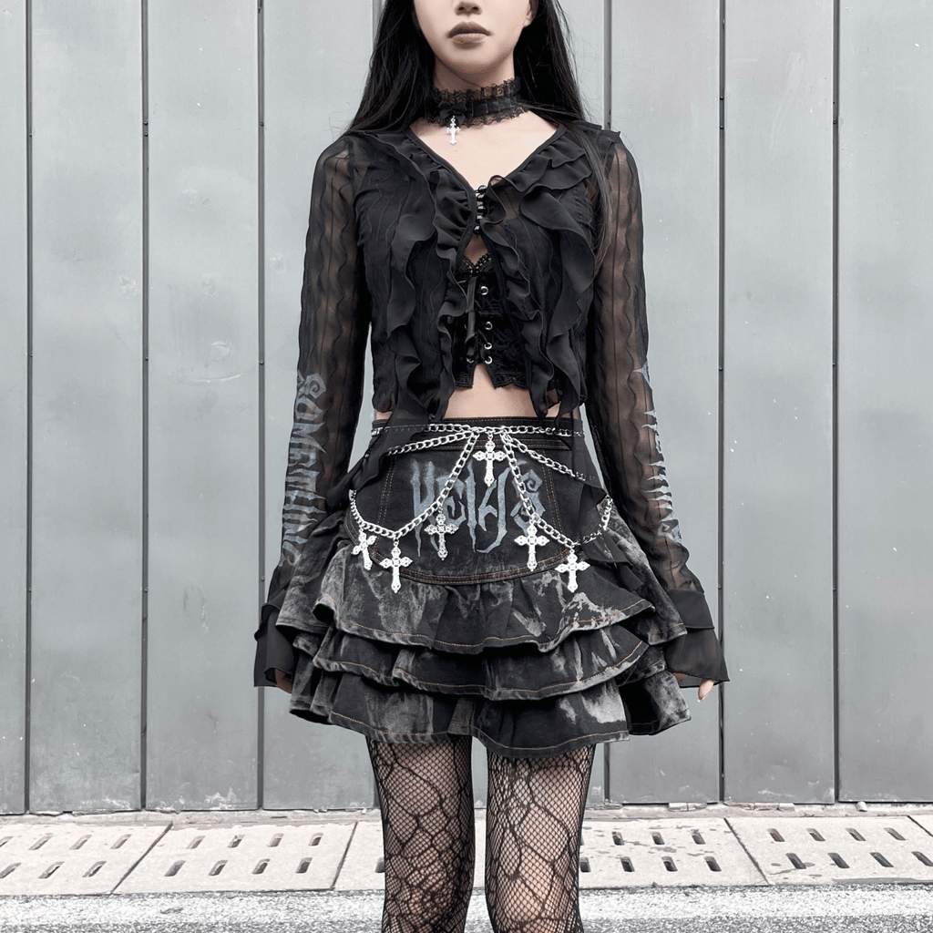 Kobine Women's Grunge Multilayer Denim Skirt with Chain
