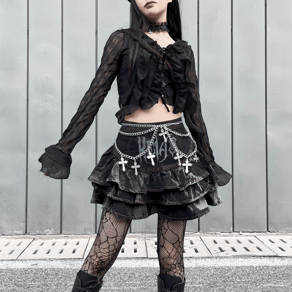 Kobine Women's Grunge Multilayer Denim Skirt with Chain