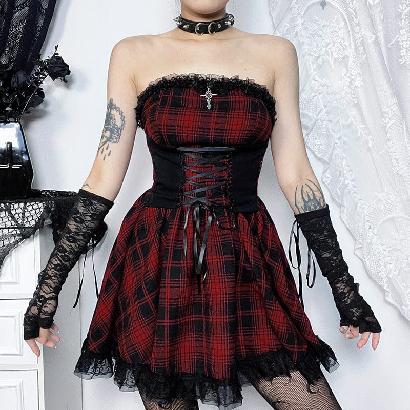 Kobine Women's Grunge Off-Shoulder Lace Splice Plaid Dress