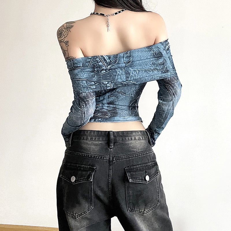 Kobine Women's Grunge Off Shoulder Long Sleeved Crop Top