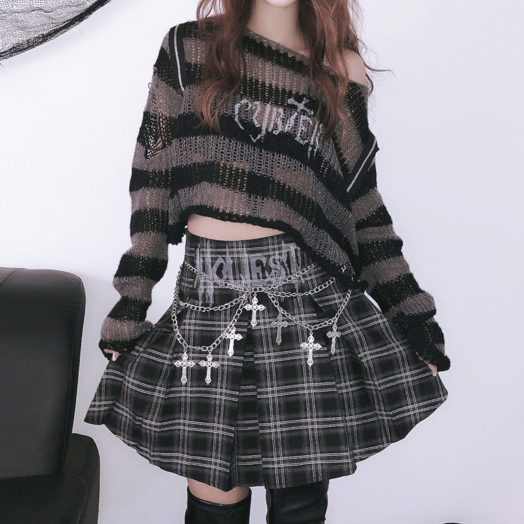 Kobine Women's Grunge Plaid Cross Chain Short Skirt