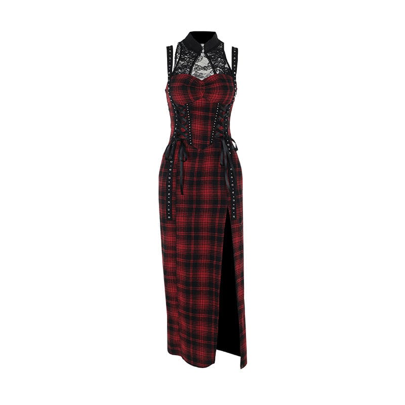 Kobine Women's Grunge Plaid Eyelets Slip Dress Black Red