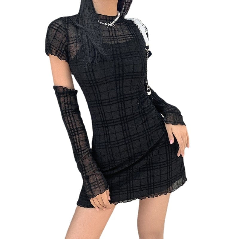 Kobine Women's Grunge Plaid Sheer Dress with Slip Dress and Oversleeve
