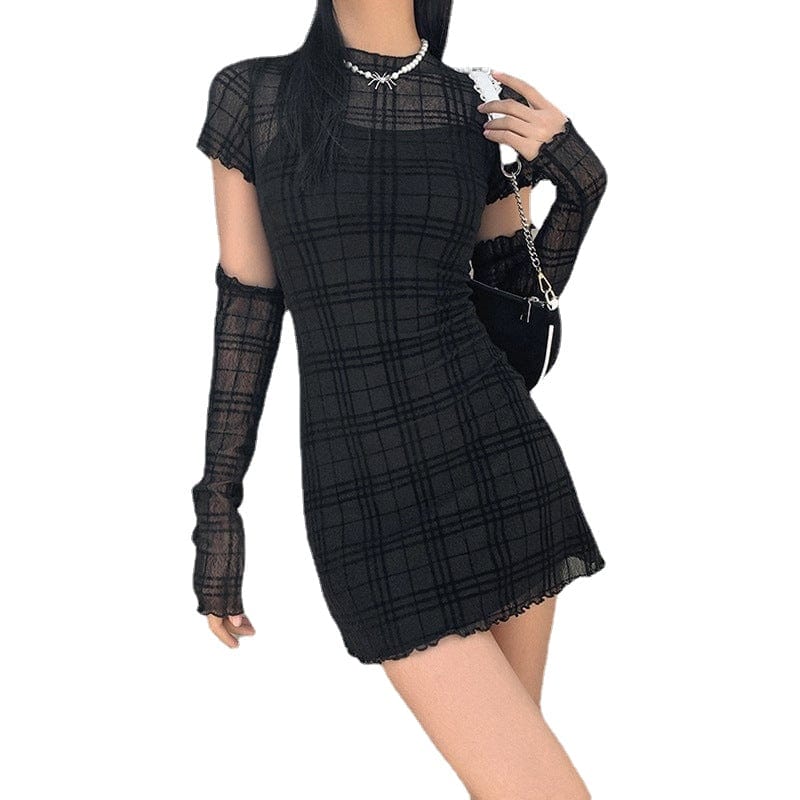 Kobine Women's Grunge Plaid Sheer Dress with Slip Dress and Oversleeve