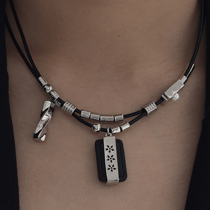 Kobine Women's Grunge Rectangled Beaded Layered Necklace