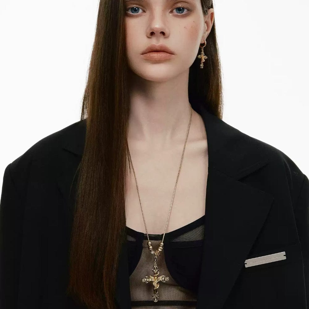 Kobine Women's Grunge Retro Angel Cross Earrings