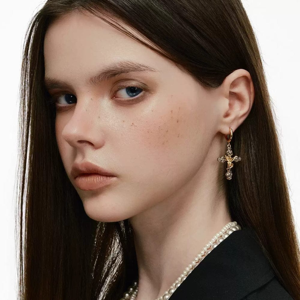 Kobine Women's Grunge Retro Angel Cross Earrings