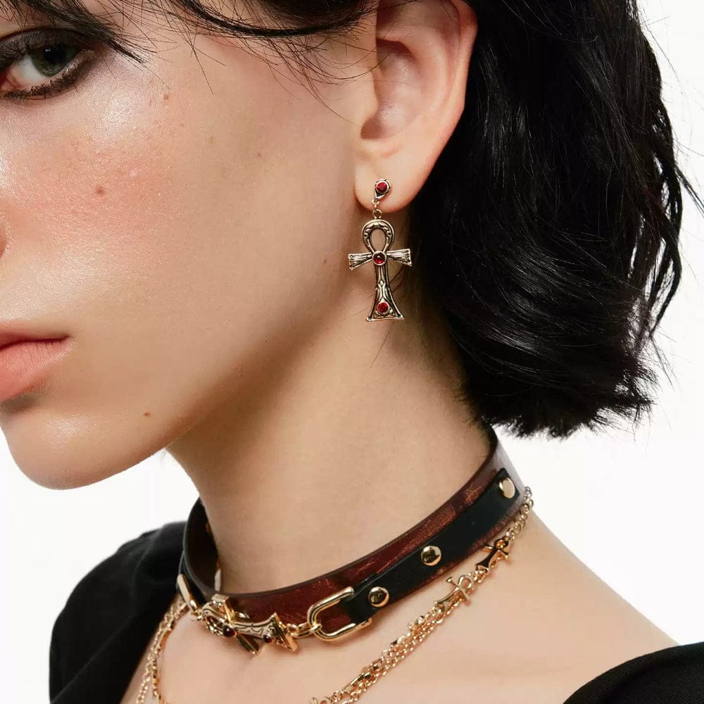 Kobine Women's Grunge Retro Diamante Cross Earrings