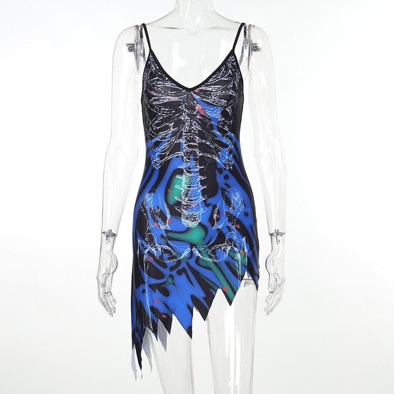Kobine Women's Grunge Ripped Printed Shoulder Straps Short Slip Dress