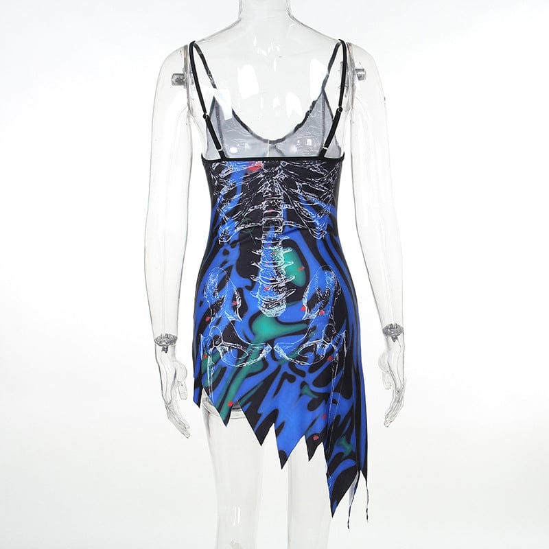 Kobine Women's Grunge Ripped Printed Shoulder Straps Short Slip Dress