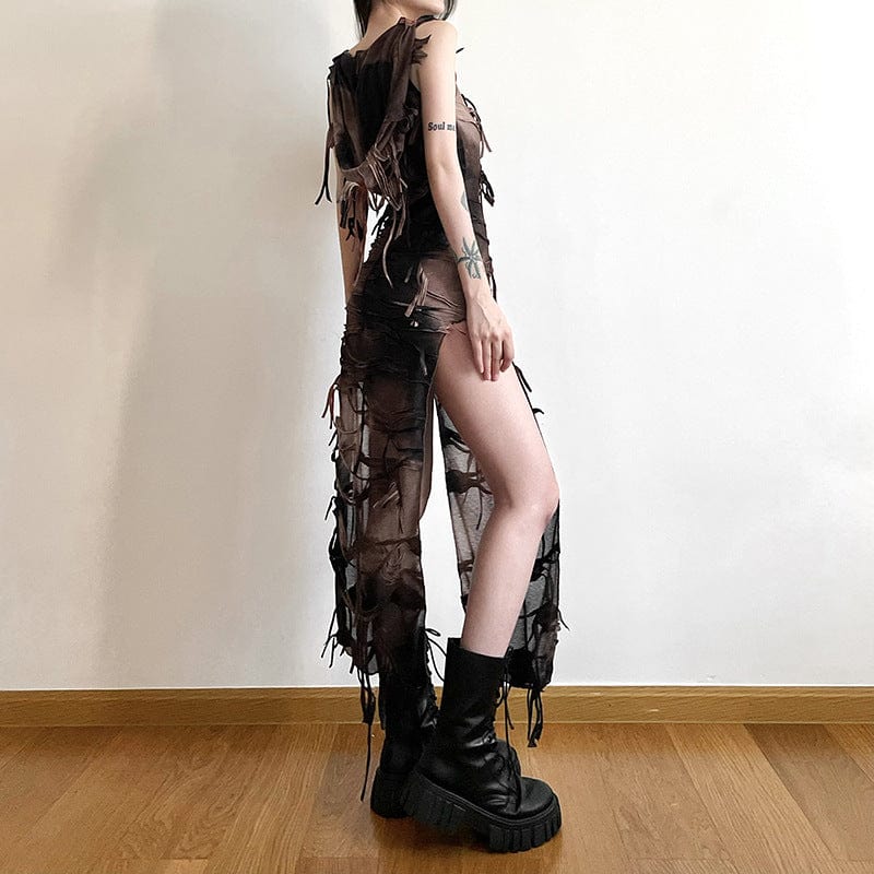 Kobine Women's Grunge Ripped Side Slit Dress with Hood