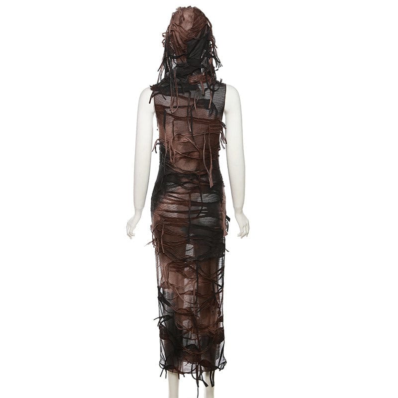 Kobine Women's Grunge Ripped Side Slit Dress with Hood