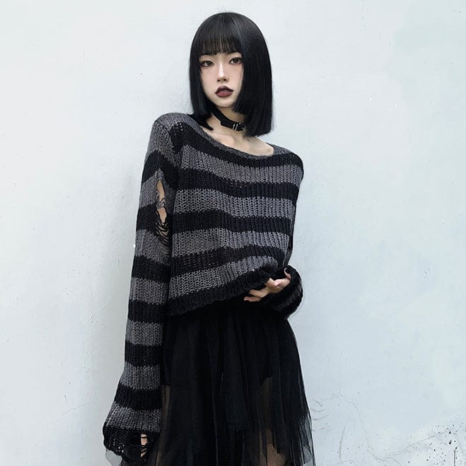 Kobine Women's Grunge Ripped Stripe Sweater