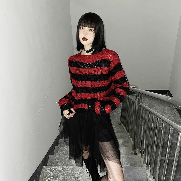 Kobine Women's Grunge Ripped Stripe Sweater
