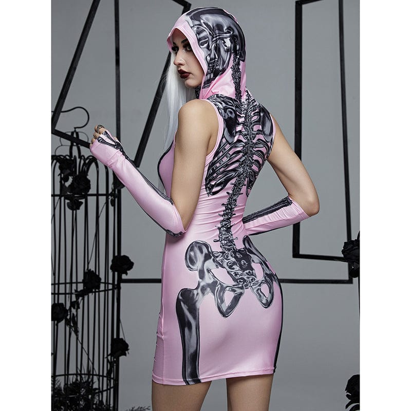 Kobine Women's Grunge Skeleton Printed Dress with Oversleeves and Hood