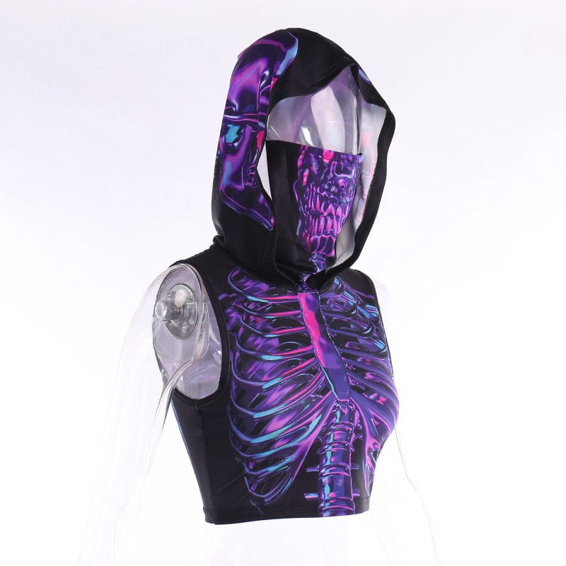 Kobine Women's Grunge Skeleton Printed Tank Top with Hood and Mask