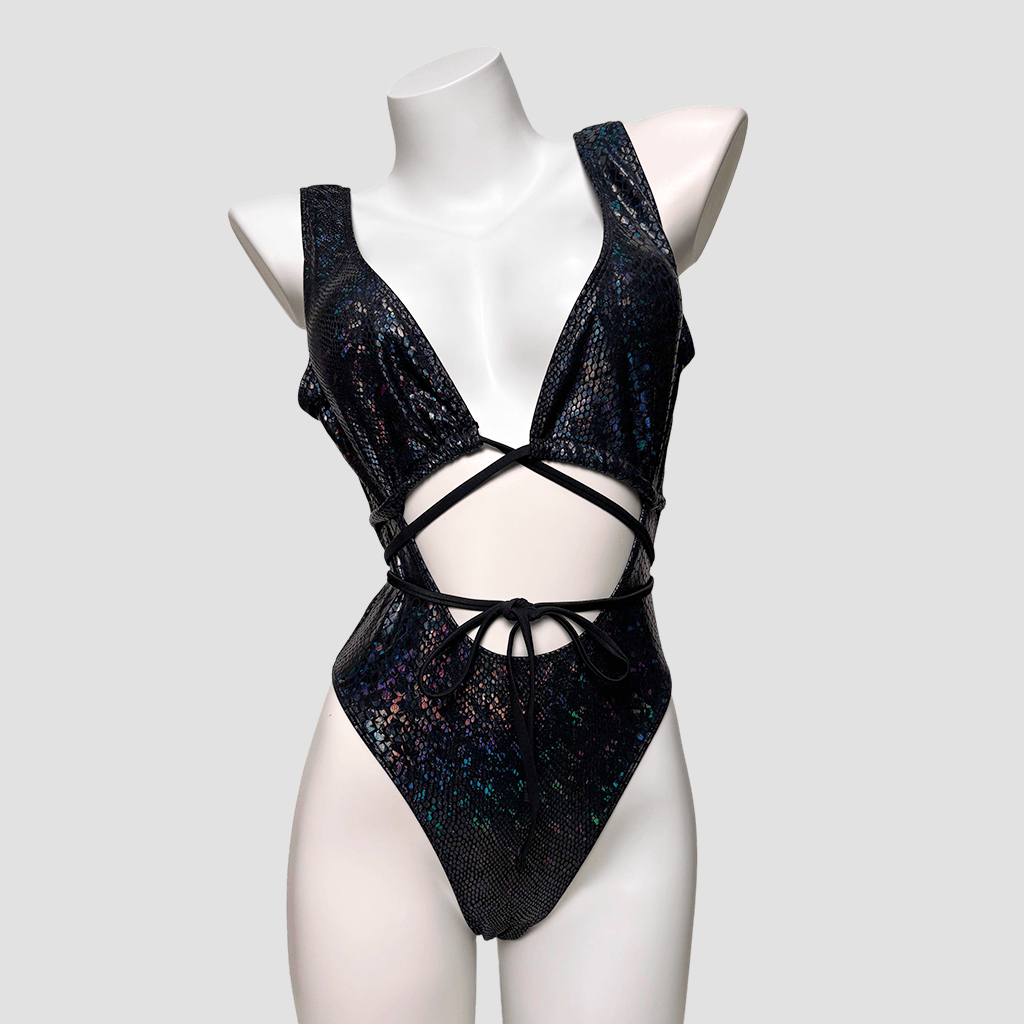 Kobine Women's Grunge Snakeskin Print Plunge V Cutout One-Piece Swimsuit