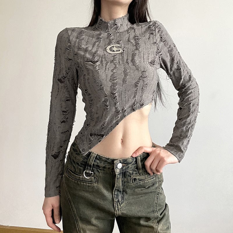 Kobine Women's Grunge Stand Collar Irregular Hem Long Sleeved Crop Top