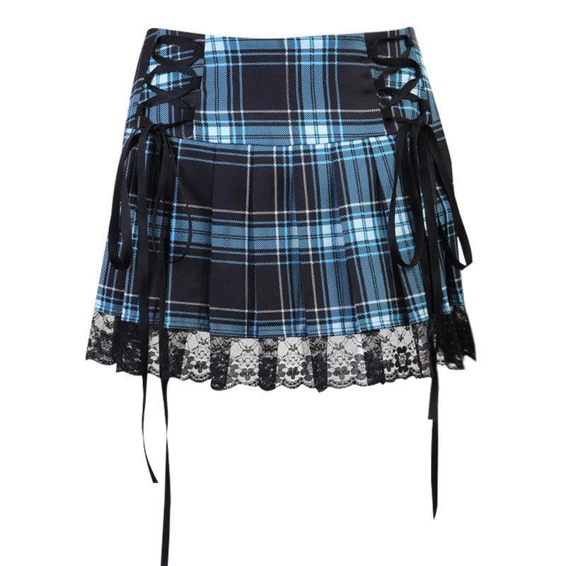 Kobine Women's Grunge Strappy Lace Hem Plaid Pleated Skirt