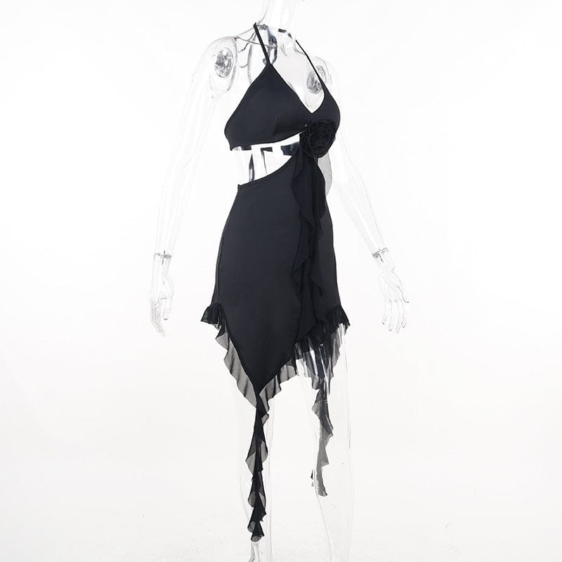 Kobine Women's Grunge Strappy Plunging Ruffled Cutout Dress
