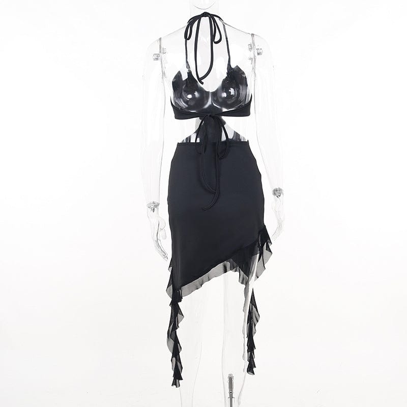 Kobine Women's Grunge Strappy Plunging Ruffled Cutout Dress