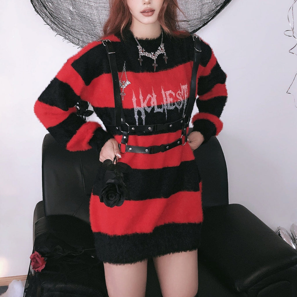 Kobine Women's Grunge Striped Loose Sweater Black-Red
