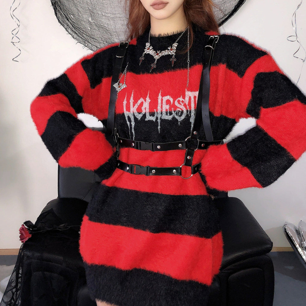 Kobine Women's Grunge Striped Loose Sweater Black-Red