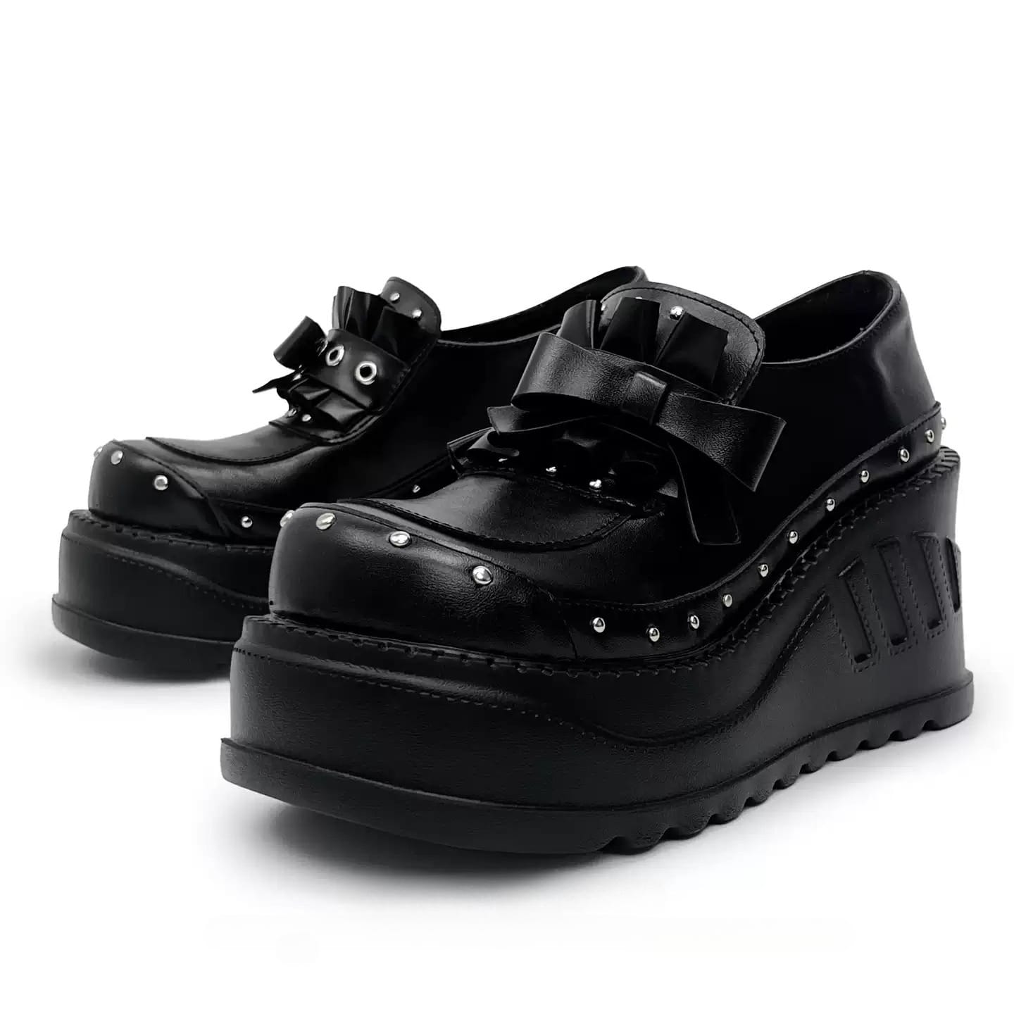 Kobine Women's Grunge Studded Eyelet‑Strap Bow Wedge Platform Shoes