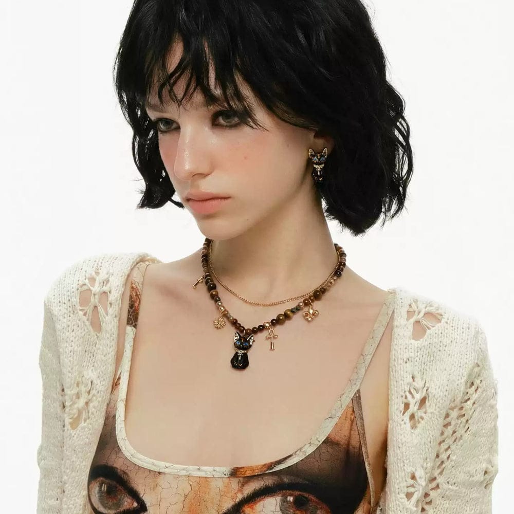 Kobine Women's Grunge Two-layer Cat Cross Necklace