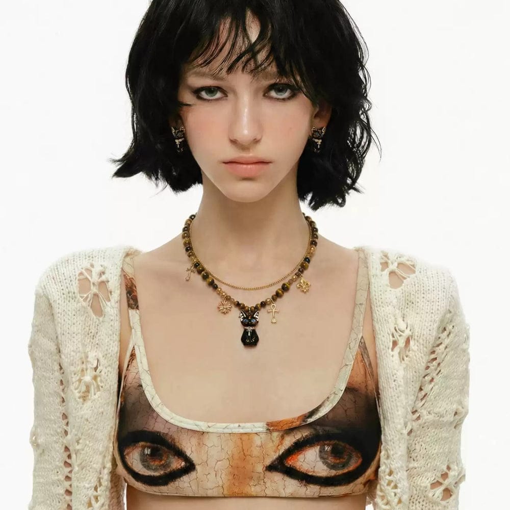 Kobine Women's Grunge Two-layer Cat Cross Necklace