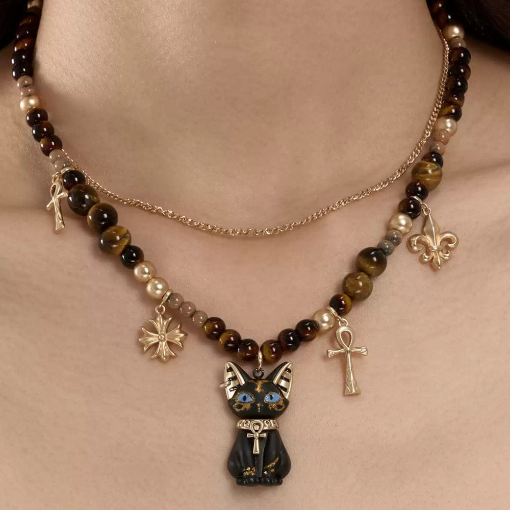 Kobine Women's Grunge Two-layer Cat Cross Necklace